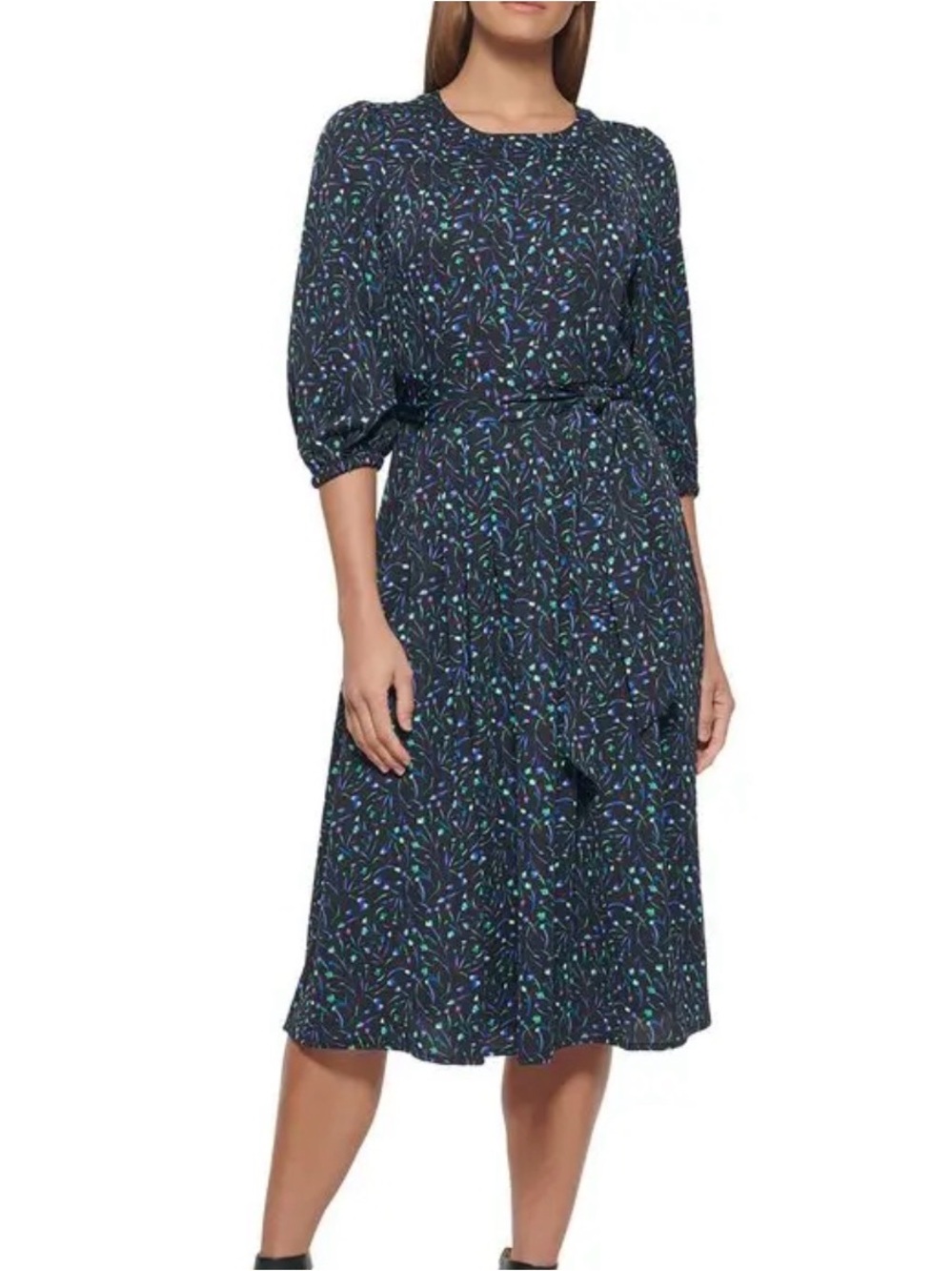 DKNY Floral Print Mid Calf Dress Size 14 Black Multicolor 3/4 Sleeve
